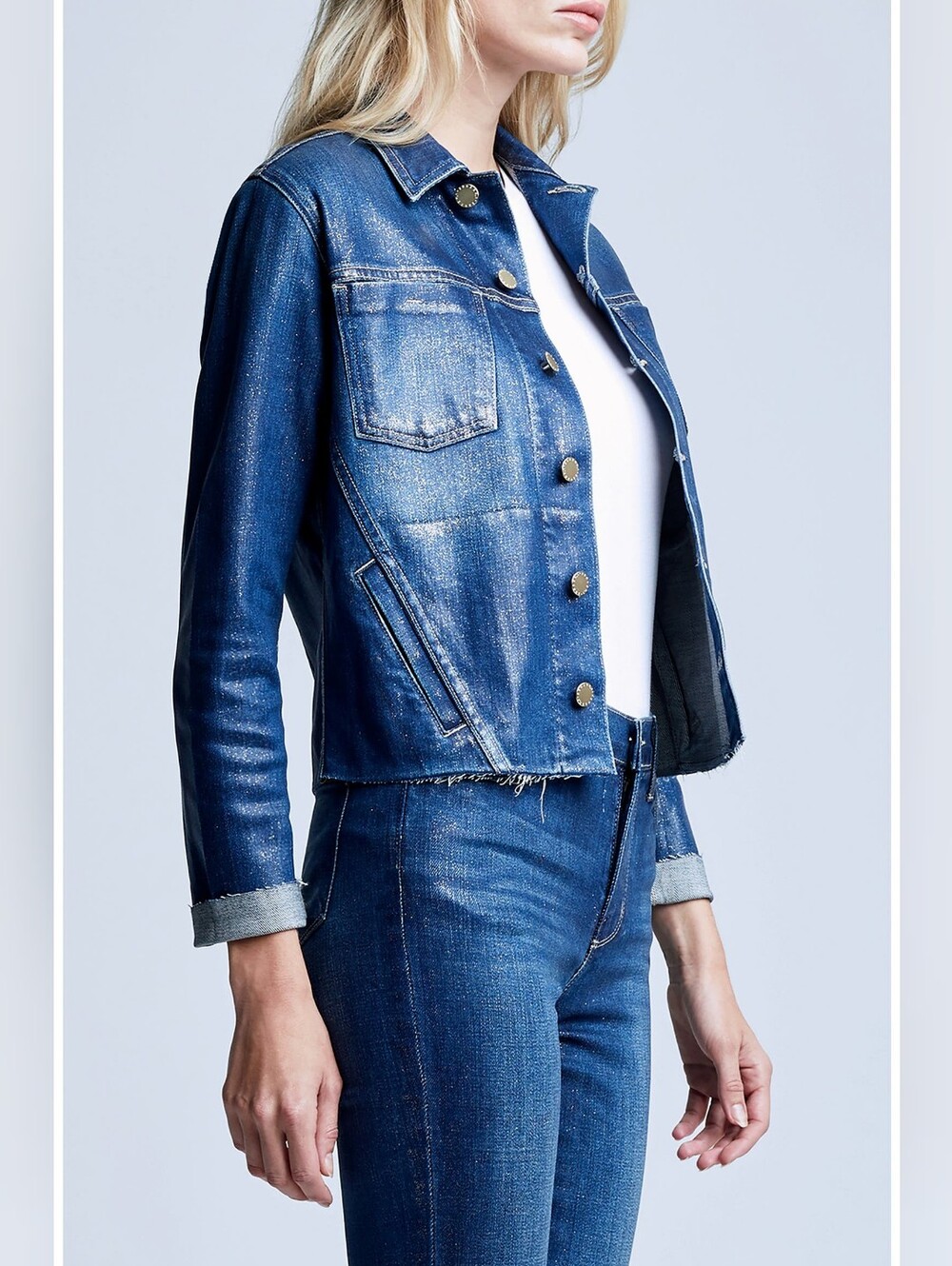 L'AGENCE Janelle Glitter Slim Fit Denim Jacket XS